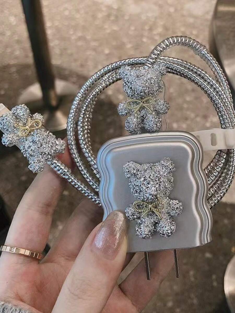 5pcs/Set Teddy Bear Charger Cable Protector Sleeve Soft Case For IPhone 16/15/14, 18/20W Fast Charging Adapter, Anti-Breaking, Gift For Boyfriend/Girlfriend