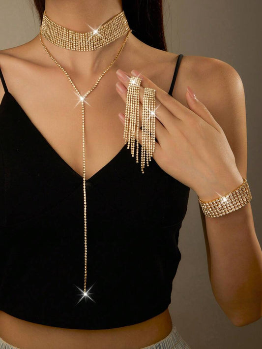 3-Piece Jewelry Women's Necklace Fashion, Exquisite Multi-Color Chain Y Necklace Long Simple Faux Pearl Cubic Zirconium Lip Layer Beaded Teardrop Rhinestone Pendant Necklace, Earrings, Bracelet Suitable For Women's Daily Wear, Wedding, Party, Etc.