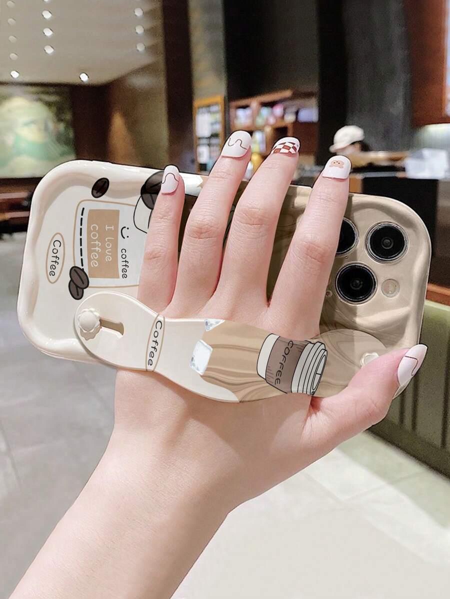1pc Fashionable Wristlet Strap Smiling Face Thick & Shockproof Protective Phone Case With Stand, Compatible With IPhone & Compatible With Samsung Devices
