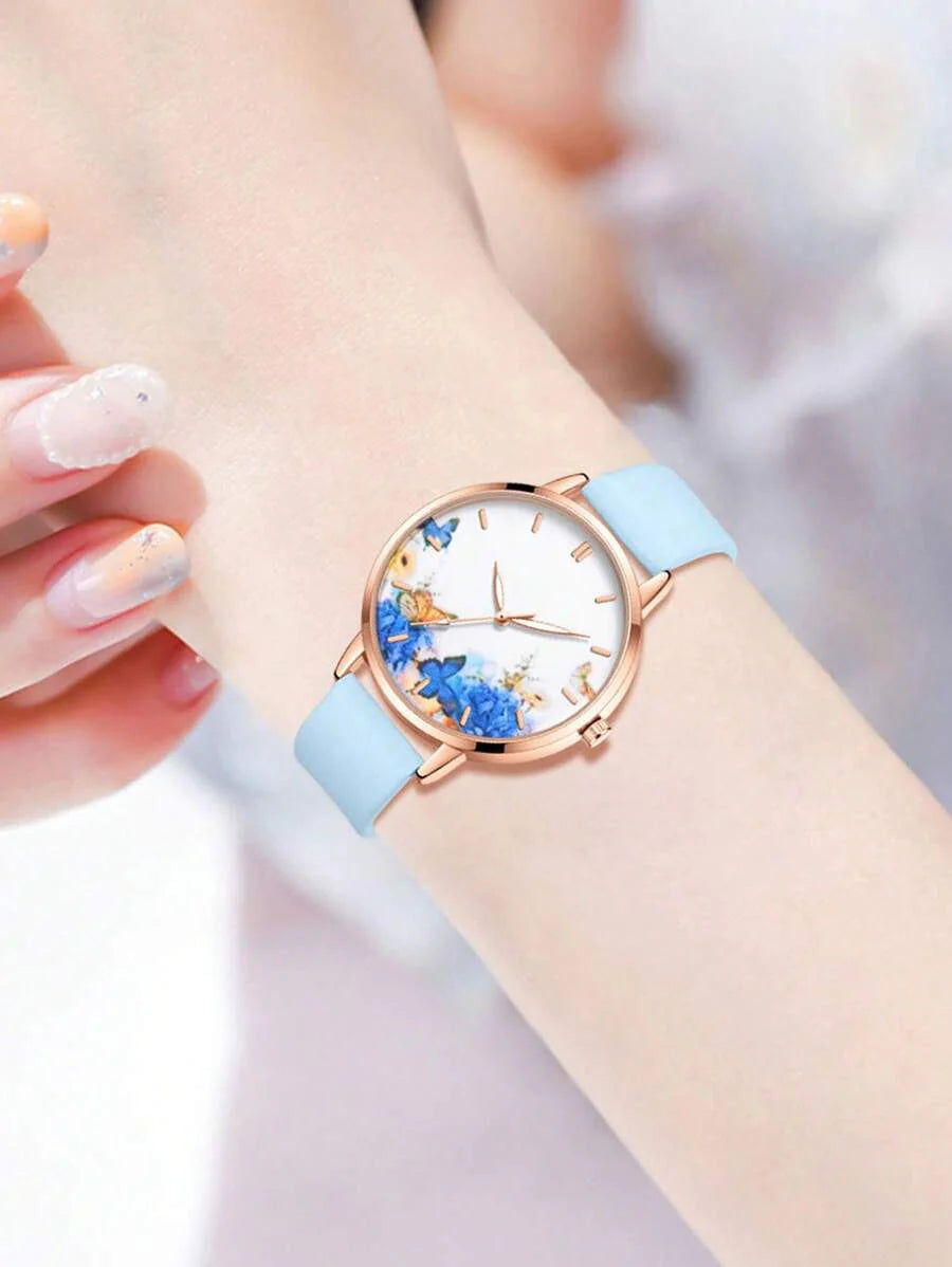 5pcs/Set Women's Fashion Butterfly Theme Watch Set - Includes Quartz PU Leather Watch, Butterfly Decor Bracelet, Rhinestone Butterfly Pendant Necklace