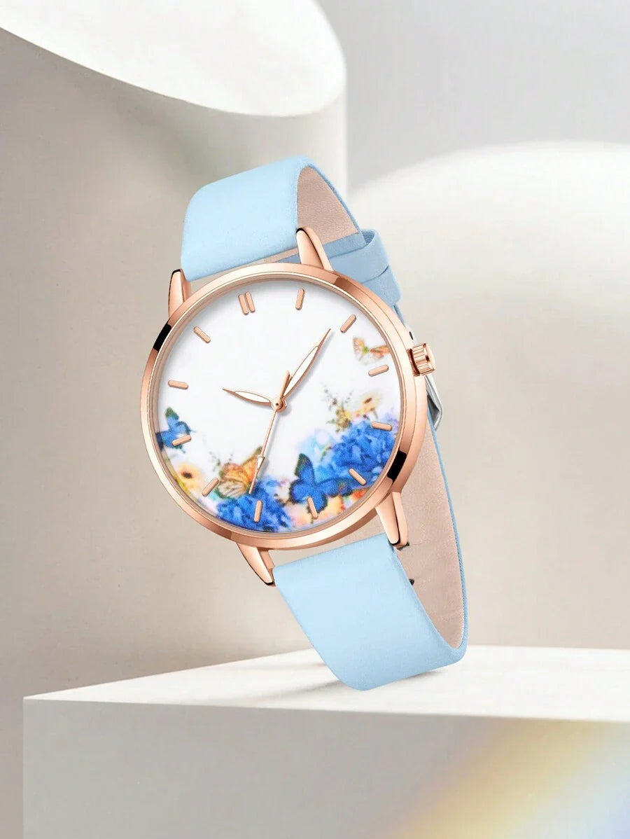 5pcs/Set Women's Fashion Butterfly Theme Watch Set - Includes Quartz PU Leather Watch, Butterfly Decor Bracelet, Rhinestone Butterfly Pendant Necklace