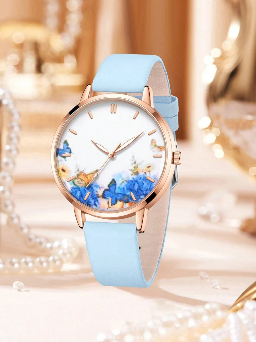 5pcs/Set Women's Fashion Butterfly Theme Watch Set - Includes Quartz PU Leather Watch, Butterfly Decor Bracelet, Rhinestone Butterfly Pendant Necklace