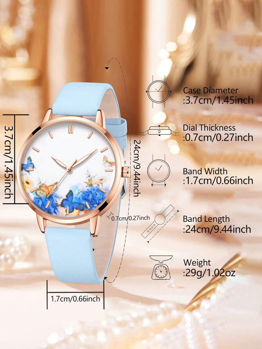 5pcs/Set Women's Fashion Butterfly Theme Watch Set - Includes Quartz PU Leather Watch, Butterfly Decor Bracelet, Rhinestone Butterfly Pendant Necklace