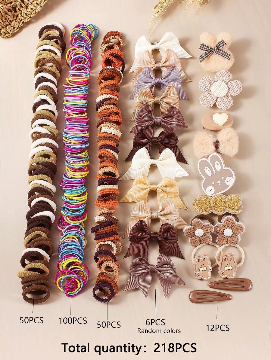 218pcs Girl's Cute Coffee Color Hair Scrunchies, Hairclips, Rabbit Ear & Bow Hair Accessories, Hair Ties, Hair Flowers & Clips Collection Set For Kids