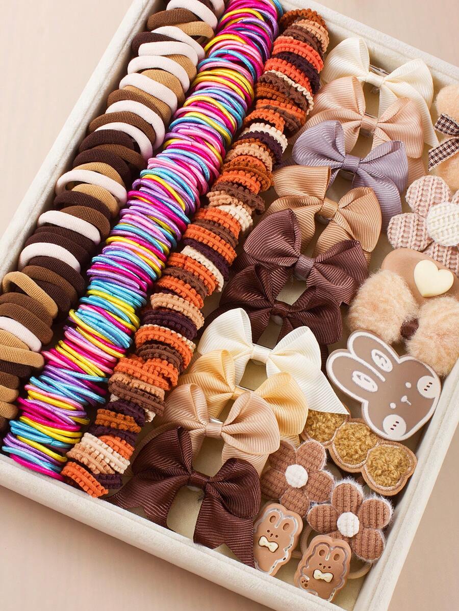218pcs Girl's Cute Coffee Color Hair Scrunchies, Hairclips, Rabbit Ear & Bow Hair Accessories, Hair Ties, Hair Flowers & Clips Collection Set For Kids