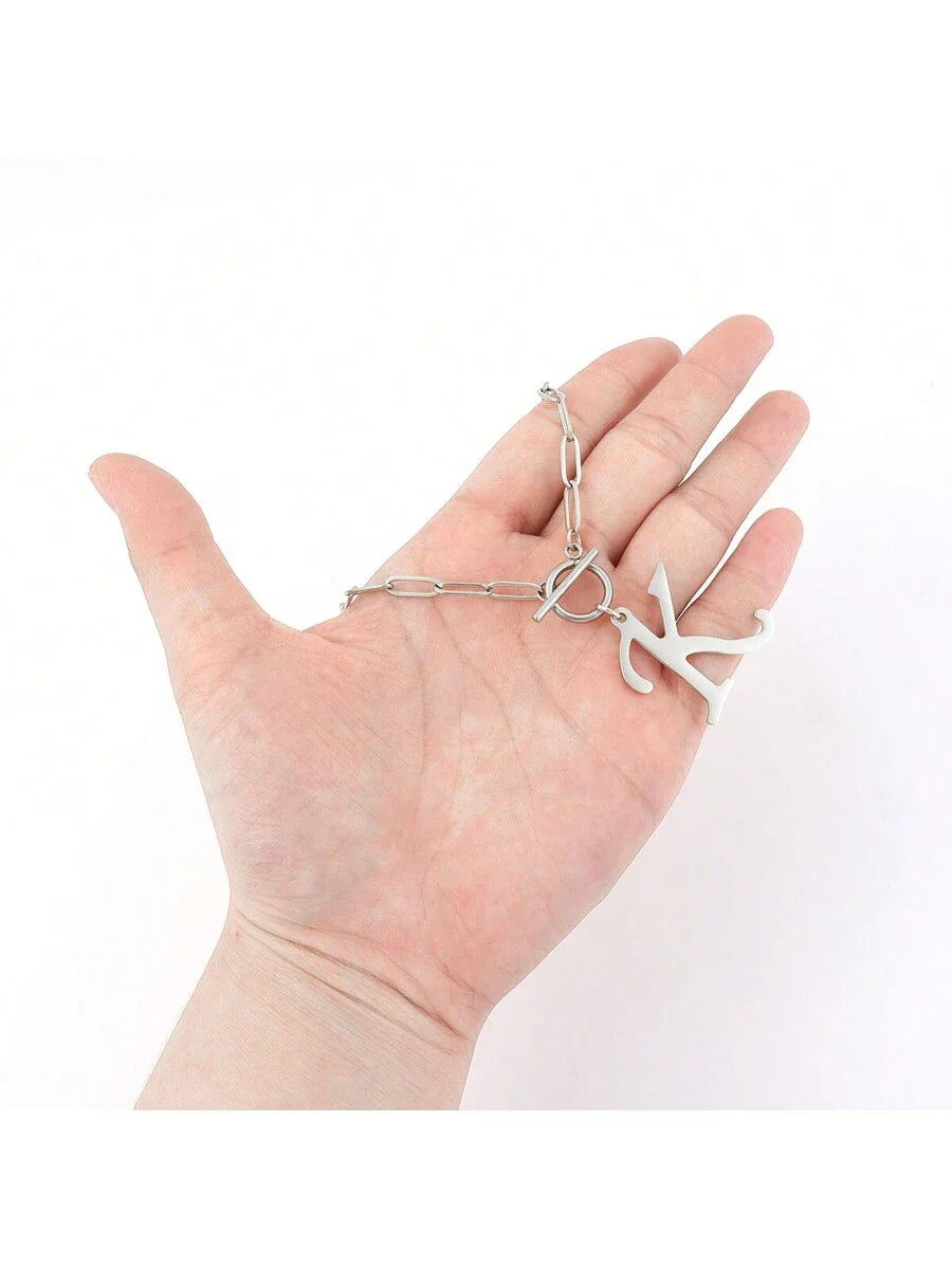 1pc Simple Big Initial Pendant Classic Stainless Steel Toggle Clasps Paper Clip Chain Necklaces For Women