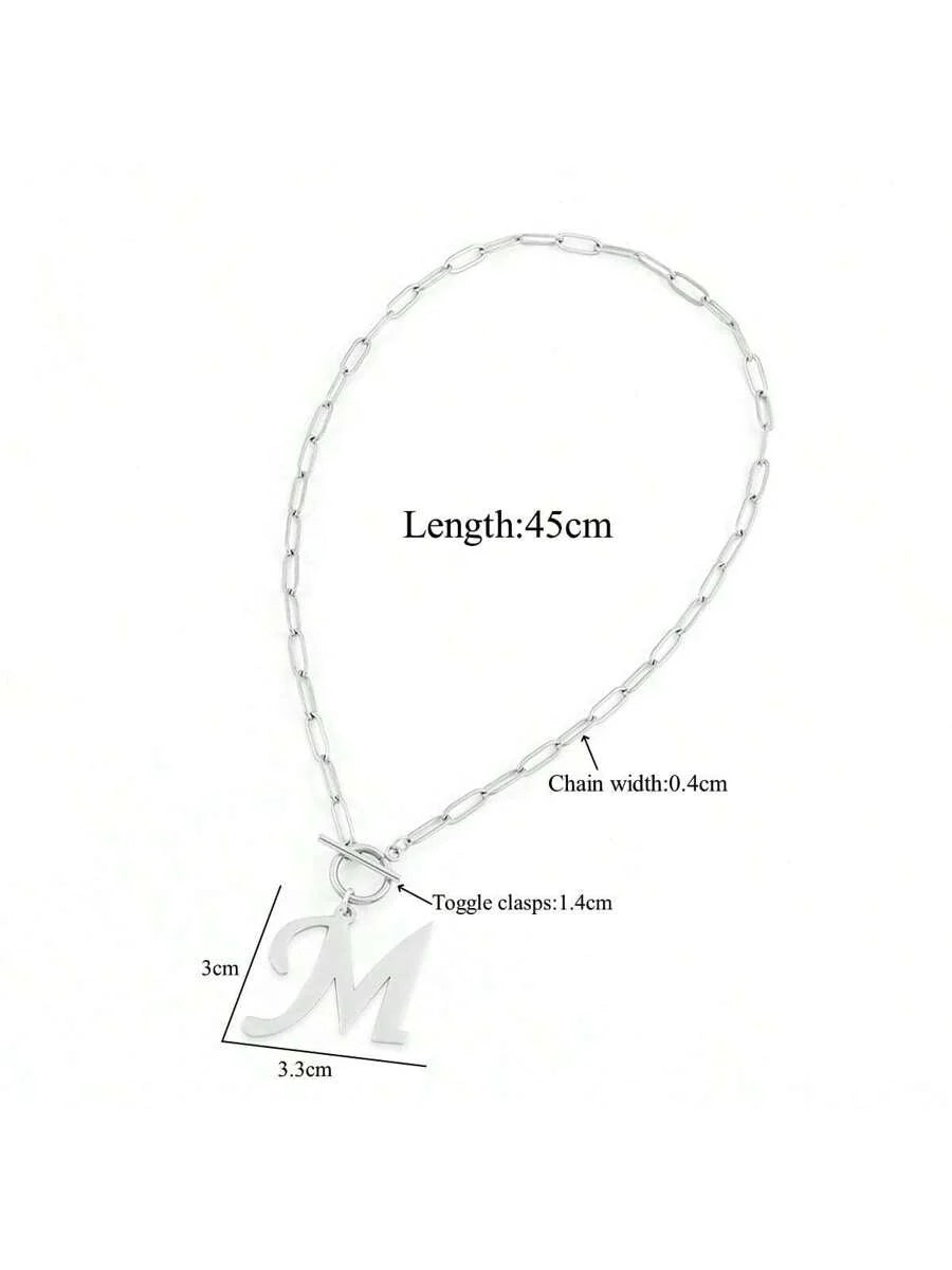 1pc Simple Big Initial Pendant Classic Stainless Steel Toggle Clasps Paper Clip Chain Necklaces For Women