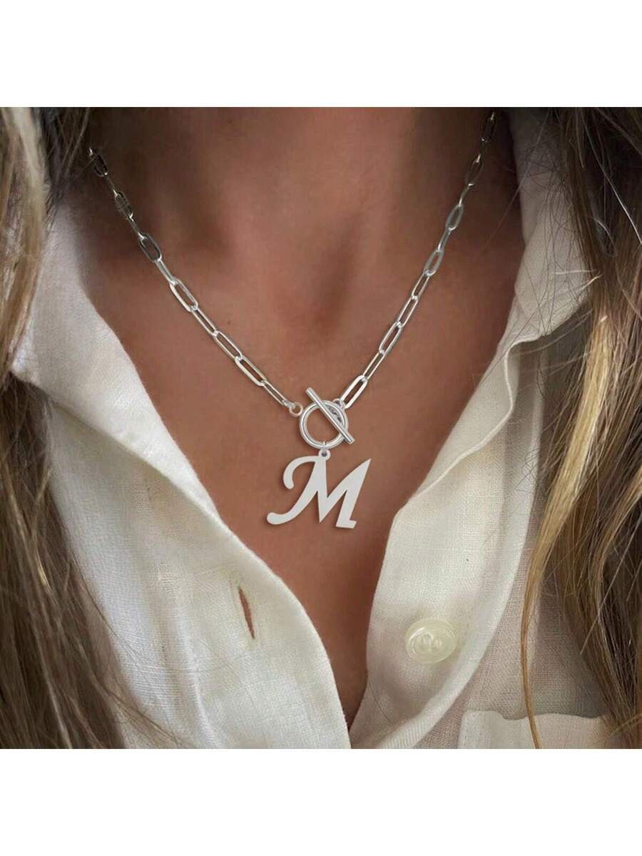 1pc Simple Big Initial Pendant Classic Stainless Steel Toggle Clasps Paper Clip Chain Necklaces For Women