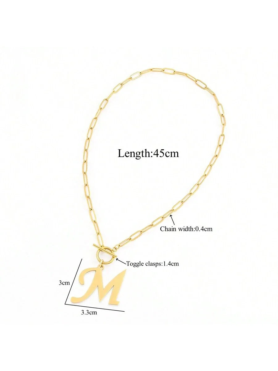 1pc Simple Big Initial Pendant Classic Stainless Steel Toggle Clasps Paper Clip Chain Necklaces For Women