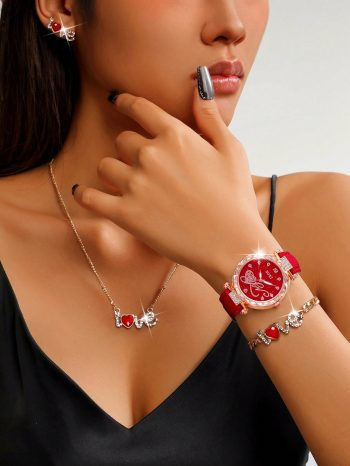 Ladies Watch 1Pc Fashion Gorgeous Heart Digital Dial Quartz Watch And 4 Pcs/Set Love Necklace,Earrings,Bracelet Jewelry Set Suitable For Women Party,Holiday,Birthday Wear Or As Sisters,The Best Gift For A LadyNo Box (Copy)