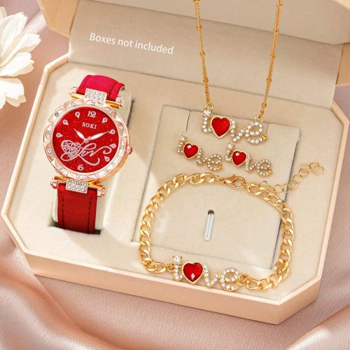 Ladies Watch 1Pc Fashion Gorgeous Heart Digital Dial Quartz Watch And 4 Pcs/Set Love Necklace,Earrings,Bracelet Jewelry Set Suitable For Women Party,Holiday,Birthday Wear Or As Sisters,The Best Gift For A LadyNo Box