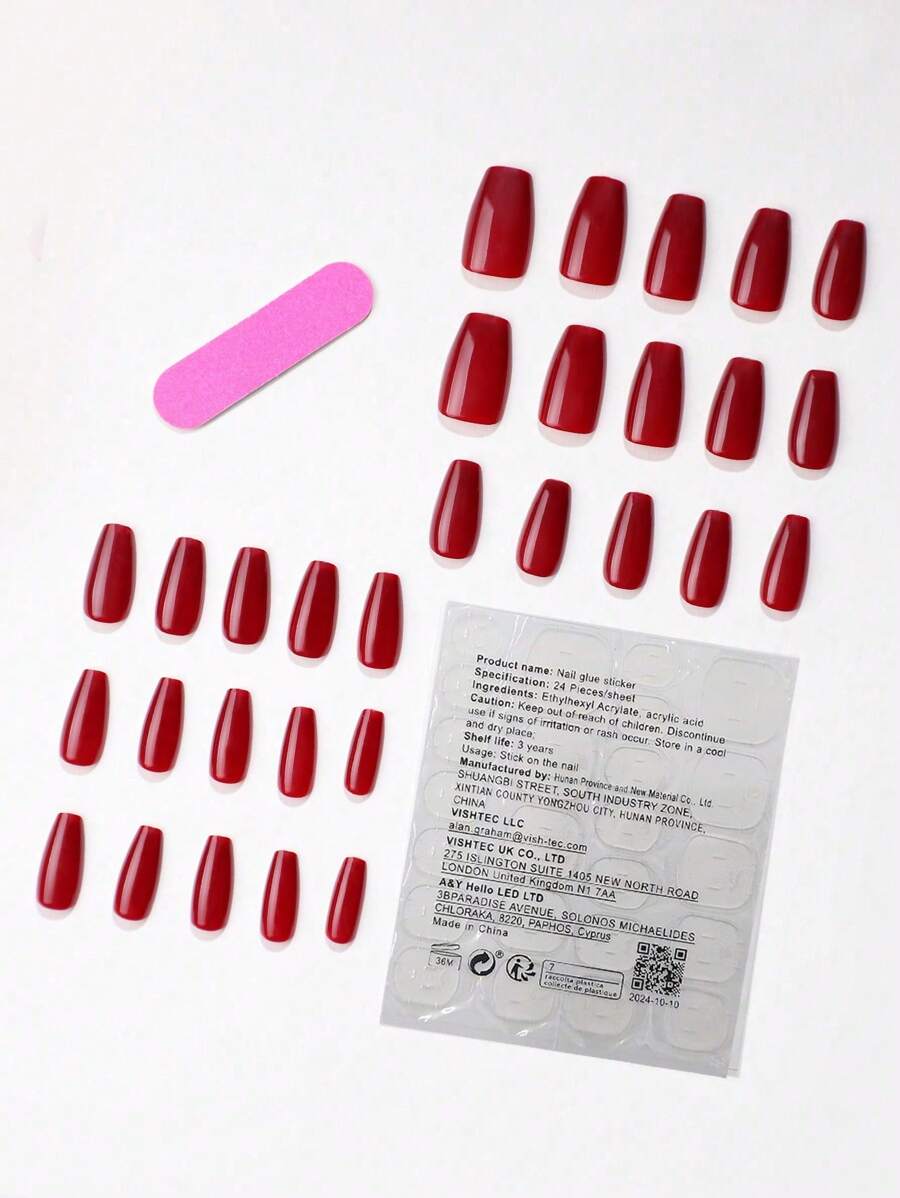 30pcs Short Coffin Shaped Cherry Red Solid Color Press On Nails, With 1pc Nail File And 1pc Jelly Glue