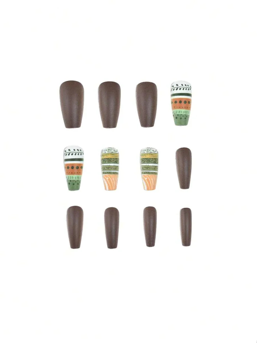 24pcs Medium-Long Coffin Shape Matte Green Christmas Pattern Nail Polish Stickers, Suitable For Autumn/Winter Nail Art; Includes 1pc Nail File Buffer & 1pc Jelly Gel Press On Nails