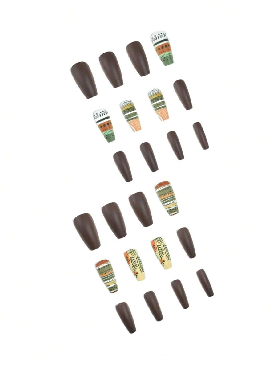 24pcs Medium-Long Coffin Shape Matte Green Christmas Pattern Nail Polish Stickers, Suitable For Autumn/Winter Nail Art; Includes 1pc Nail File Buffer & 1pc Jelly Gel Press On Nails