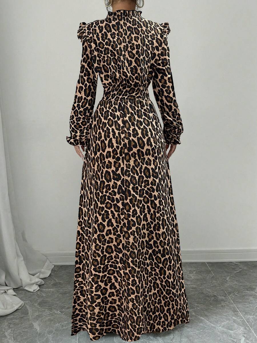 Elenzga 1pc Women Leopard Print Ruffle Tie Neck Long Sleeve Dress, Elegant For Autumn Maxi Women Outfit