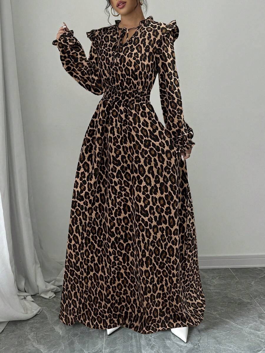 Elenzga 1pc Women Leopard Print Ruffle Tie Neck Long Sleeve Dress, Elegant For Autumn Maxi Women Outfit
