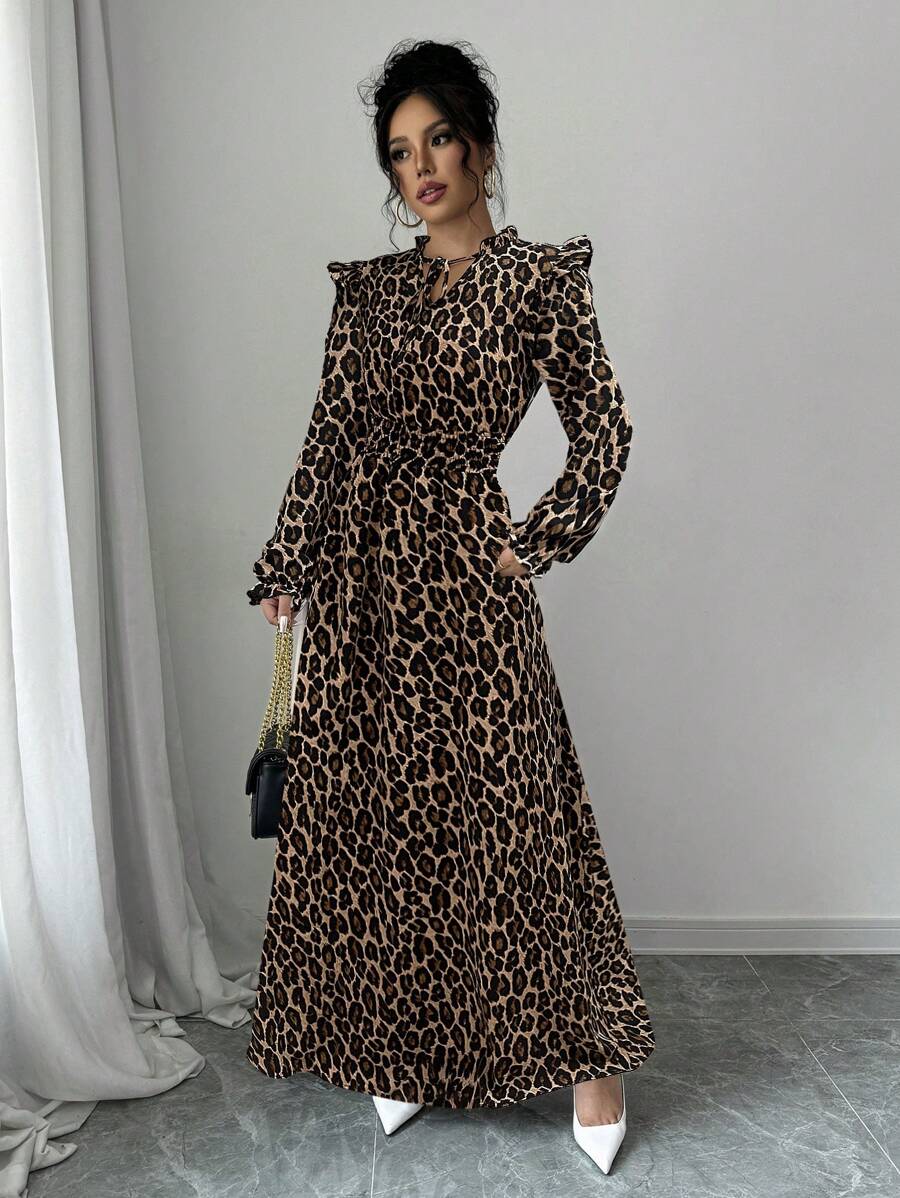 Elenzga 1pc Women Leopard Print Ruffle Tie Neck Long Sleeve Dress, Elegant For Autumn Maxi Women Outfit