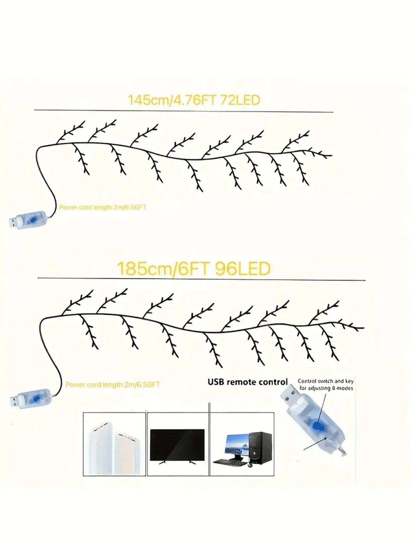 1pc 1.8m/5.9ft USB Powered Artificial Plant Branch With 96 LEDs, Willow Vine Light For Home Indoor Wall Bedroom Living Room Decor, Bendable Willow Twig Lamp, 8 Modes Vine Tree Decor Nightlight, Suitable For Indoor Atmosphere, Party, Holiday And Gift Ideas