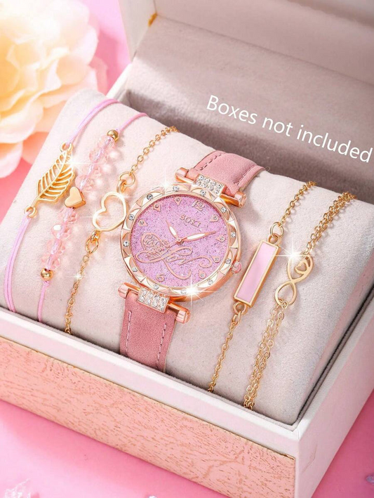 SOKI 6pcs Women's Watch Fashion Casual Heart-Shaped Digital Circular Dial Quartz Watch And Bracelet Suitable For Women's Parties, Festivals, Birthdays Or Sisterhood Gifts, Is The Best Gift For Women (No Box)
