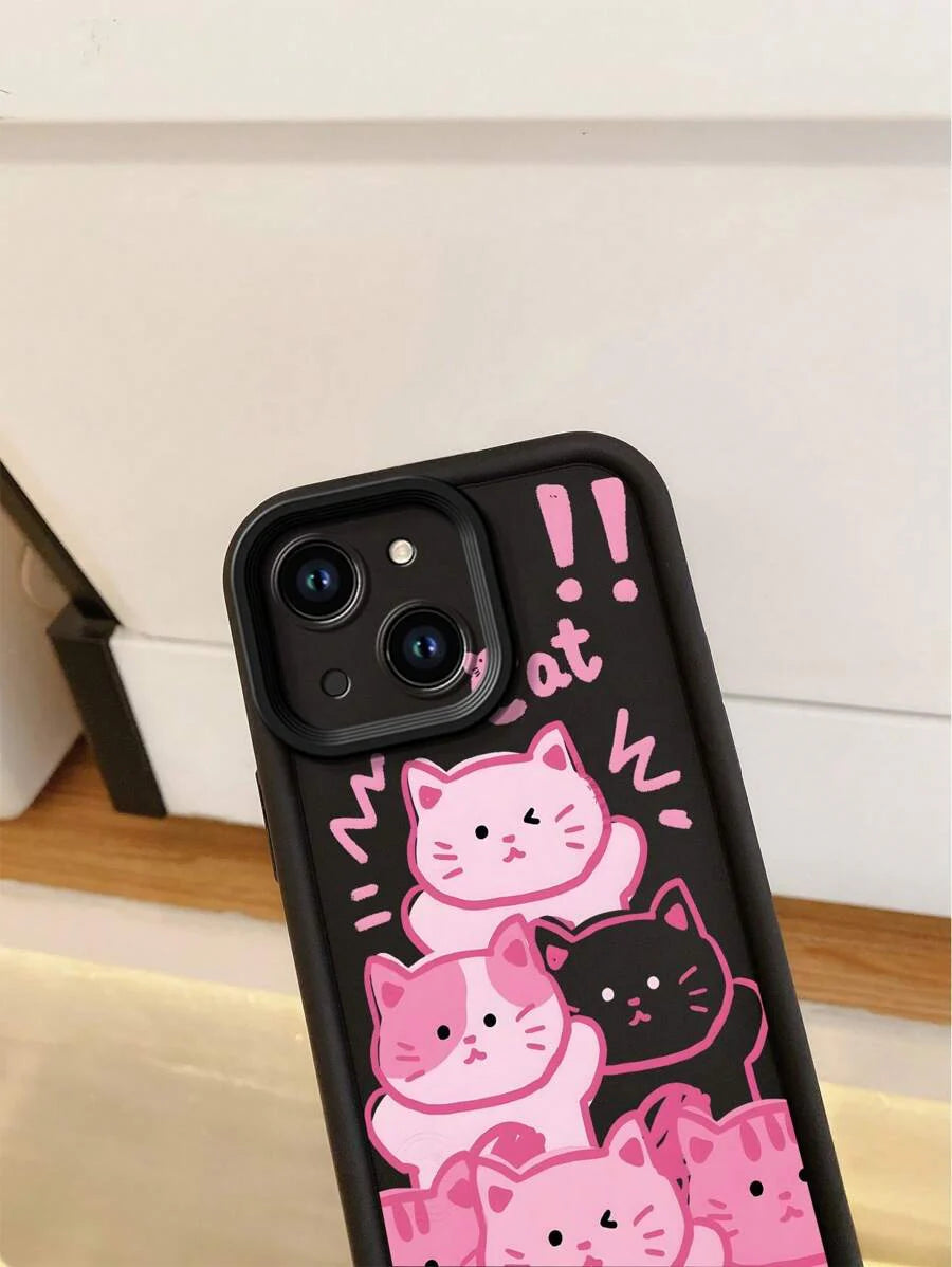 1pc Premium Cartoon Pink Kitty Pattern Sand Grain Thick Anti-Fall Phone Case Compatible With Apple/Redmi/Infinix/Vivo