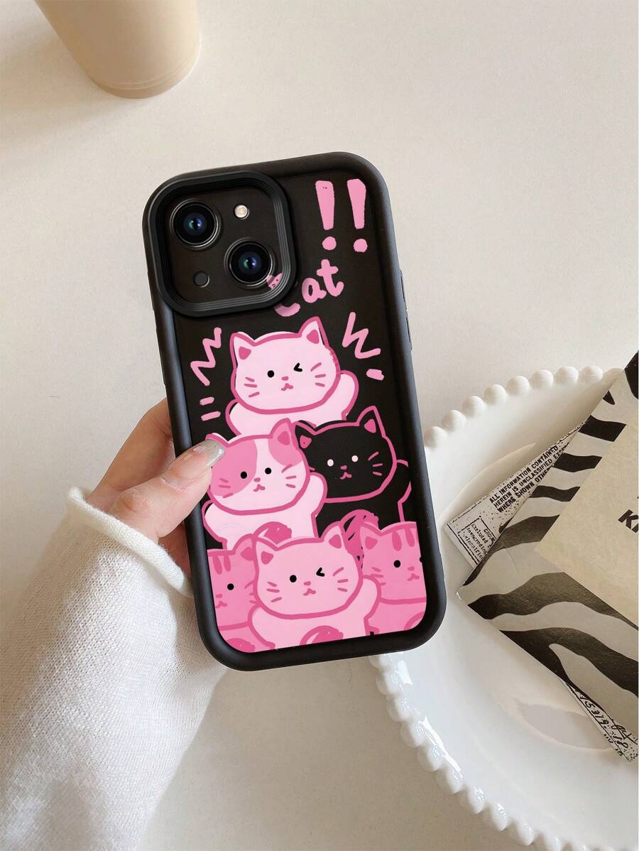 1pc Premium Cartoon Pink Kitty Pattern Sand Grain Thick Anti-Fall Phone Case Compatible With Apple/Redmi/Infinix/Vivo