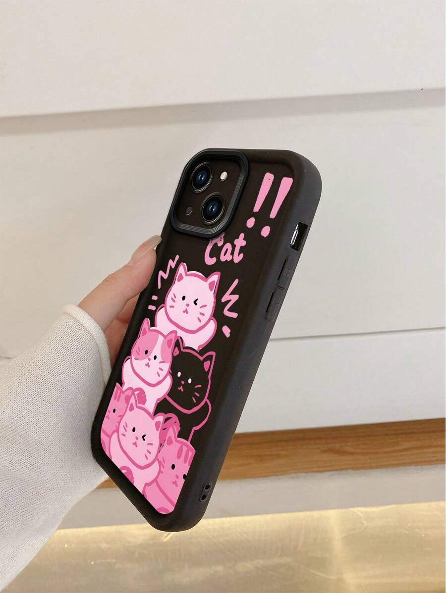 1pc Premium Cartoon Pink Kitty Pattern Sand Grain Thick Anti-Fall Phone Case Compatible With Apple/Redmi/Infinix/Vivo