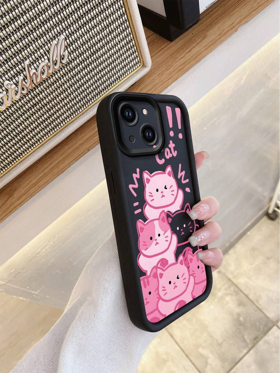 1pc Premium Cartoon Pink Kitty Pattern Sand Grain Thick Anti-Fall Phone Case Compatible With Apple/Redmi/Infinix/Vivo