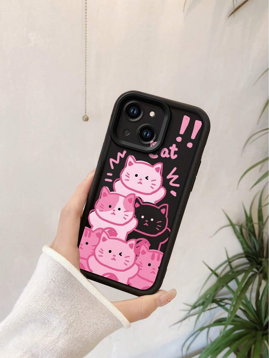 1pc Premium Cartoon Pink Kitty Pattern Sand Grain Thick Anti-Fall Phone Case Compatible With Apple/Redmi/Infinix/Vivo