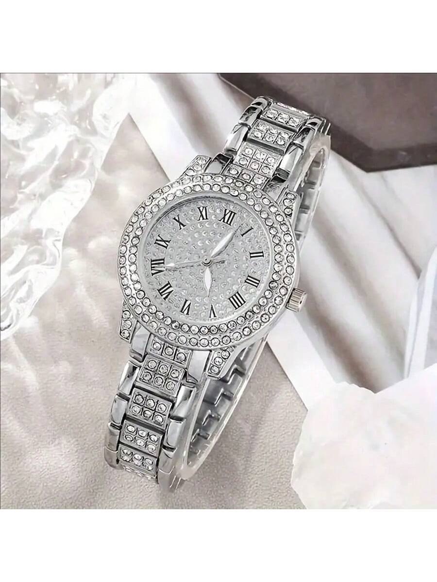 7pcs Elegant Quartz Wristwatch & Jewelry Set, Including Round-Shaped Ladies Watch, Rhinestone Necklace, Earrings, Ring, Bracelet (No Box)