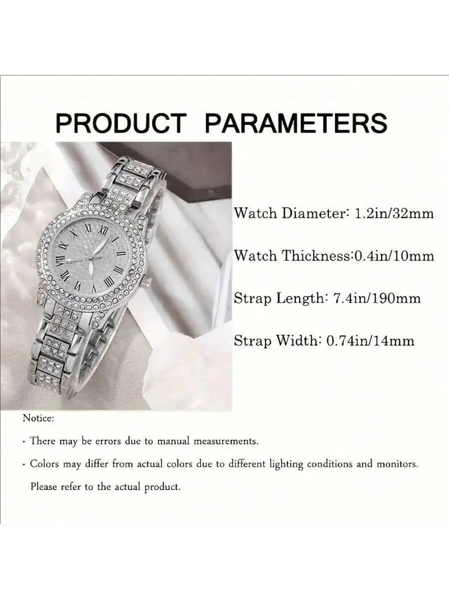 7pcs Elegant Quartz Wristwatch & Jewelry Set, Including Round-Shaped Ladies Watch, Rhinestone Necklace, Earrings, Ring, Bracelet (No Box)