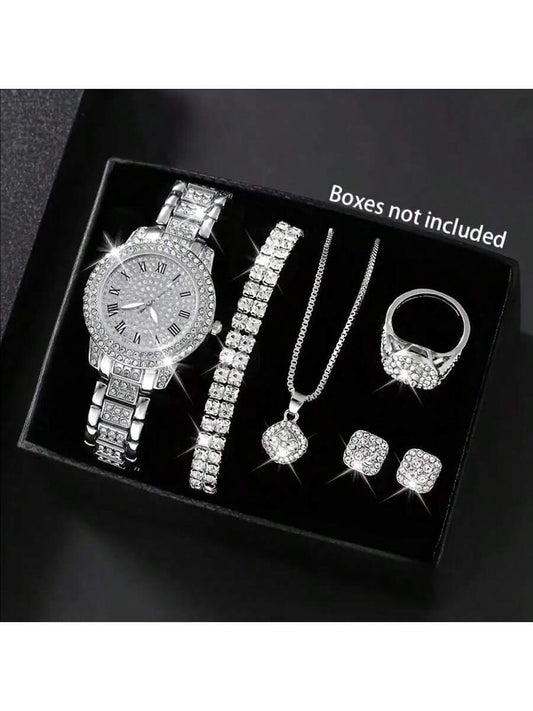 7pcs Elegant Quartz Wristwatch & Jewelry Set, Including Round-Shaped Ladies Watch, Rhinestone Necklace, Earrings, Ring, Bracelet (No Box)