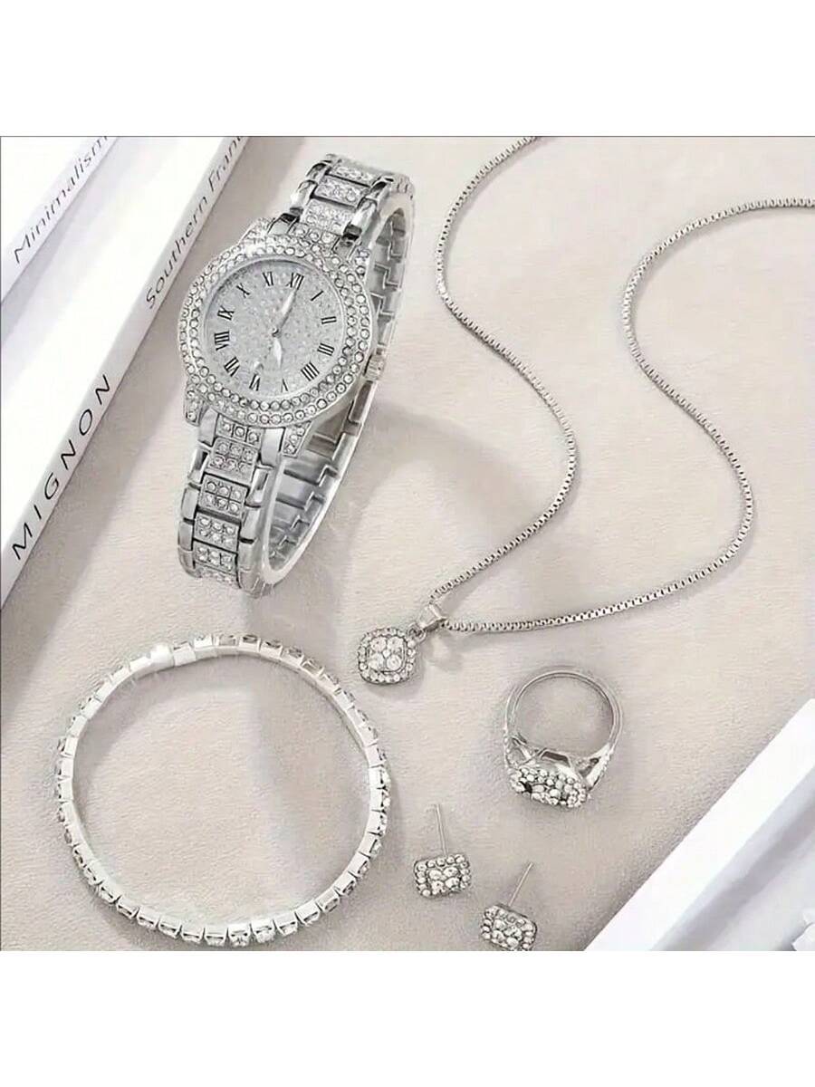 7pcs Elegant Quartz Wristwatch & Jewelry Set, Including Round-Shaped Ladies Watch, Rhinestone Necklace, Earrings, Ring, Bracelet (No Box)