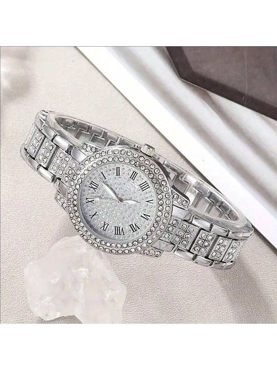 7pcs Elegant Quartz Wristwatch & Jewelry Set, Including Round-Shaped Ladies Watch, Rhinestone Necklace, Earrings, Ring, Bracelet (No Box)
