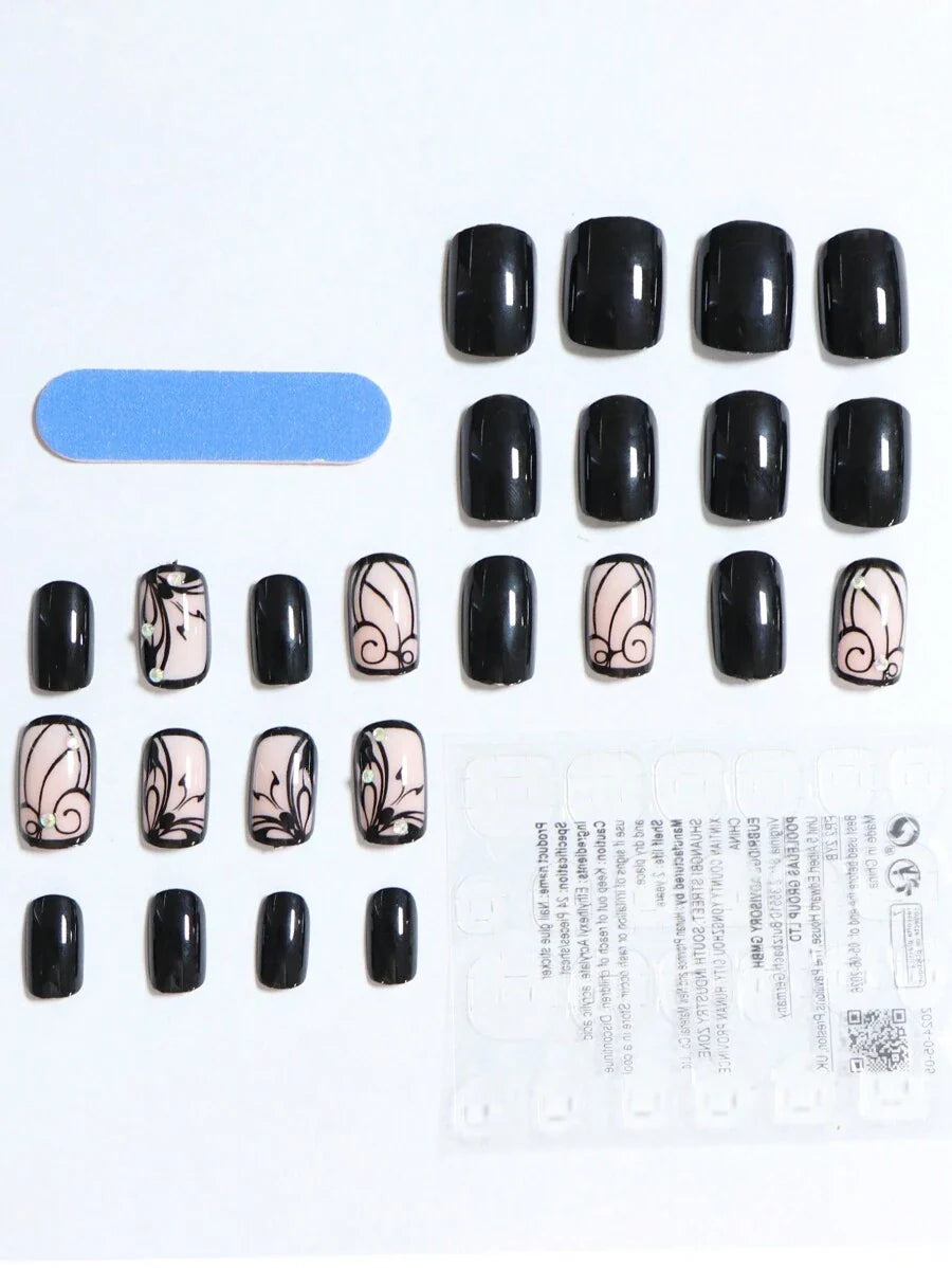 24Pcs Black Press On Nails Short Square Fake Nails Black Acrylic Glue On Nails Full Cover Glossy Nails Press Ons Short Stick On Nails Summer Artificial Nails For Women Girls 1pc Nail File & 1Nail Glue Sticker Kit Nails For Girl Mother Women Gift ,Whitenin