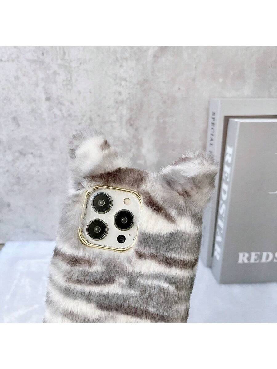 1pc Plush 3D Cute Tiger Print Winter Shockproof Phone Case, Compatible With Iphone/Redmi/OPPO Phones