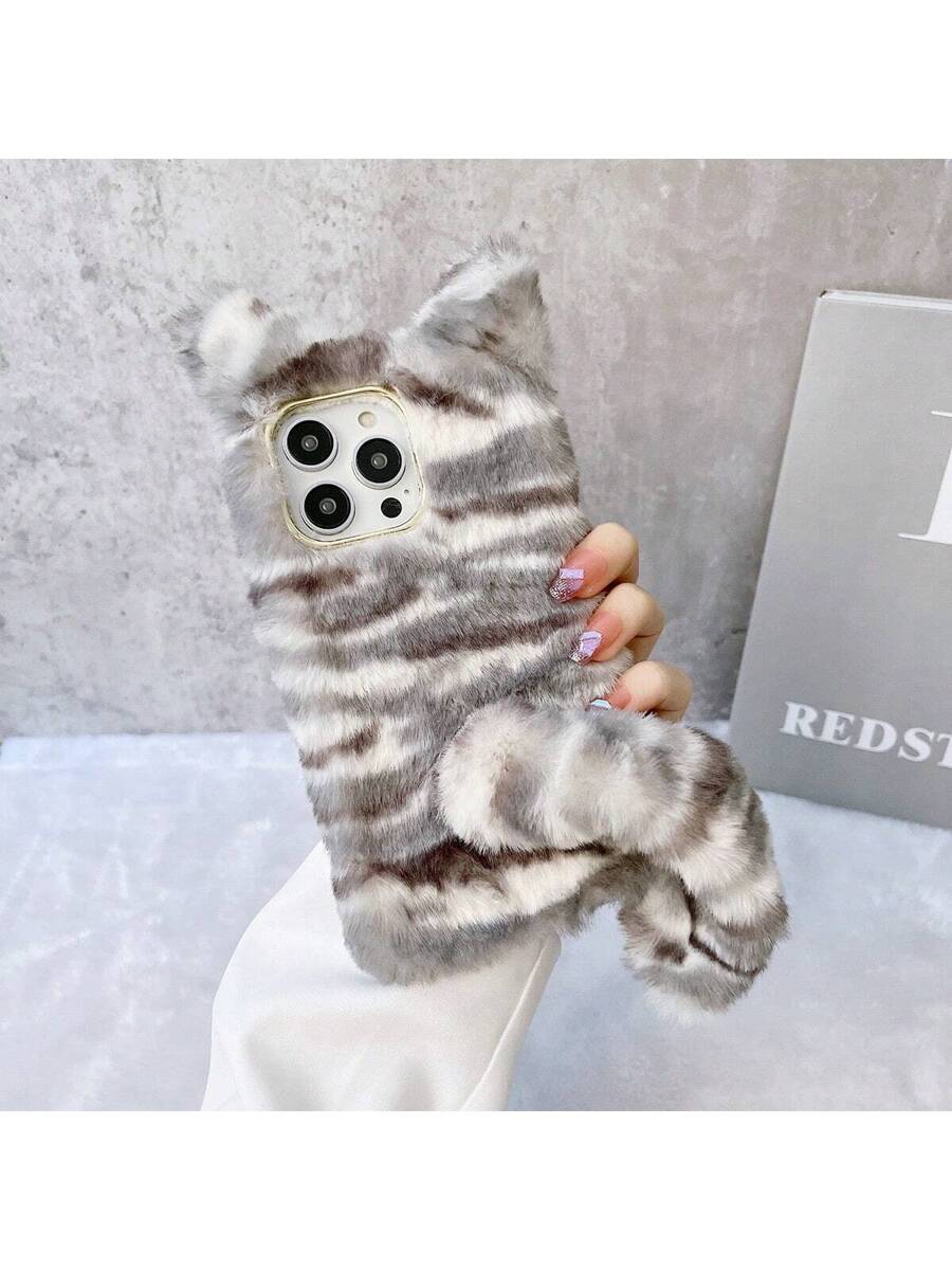 1pc Plush 3D Cute Tiger Print Winter Shockproof Phone Case, Compatible With Iphone/Redmi/OPPO Phones
