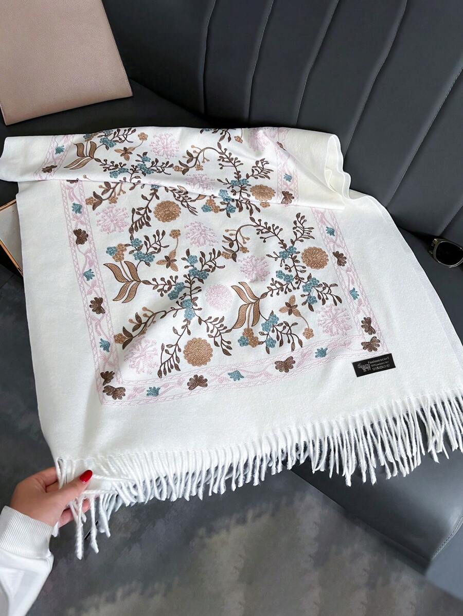 Boho 1pc Women's Thick Faux Cashmere Embroidered Scarf With Tassels For Autumn And Winter Outfit, Bohemian Style Cape For Traveling Accessories Women