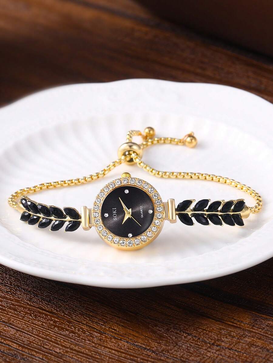 6pcs/Set Ladies Watch Women's Green Feather Fish Tail Style Strap Casual Quartz Watch With Gorgeous Full Rhinestone Dial And Heart Necklace Earings Rings Bracelet Shaped Full Rhinestone Love Jewelry Set Suitable For Daily Wear, Back-To-School Season, Grad
