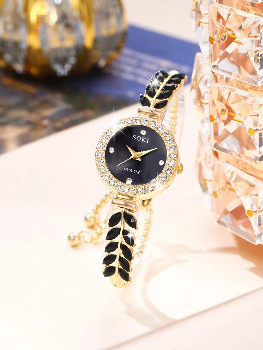 6pcs/Set Ladies Watch Women's Green Feather Fish Tail Style Strap Casual Quartz Watch With Gorgeous Full Rhinestone Dial And Heart Necklace Earings Rings Bracelet Shaped Full Rhinestone Love Jewelry Set Suitable For Daily Wear, Back-To-School Season, Grad