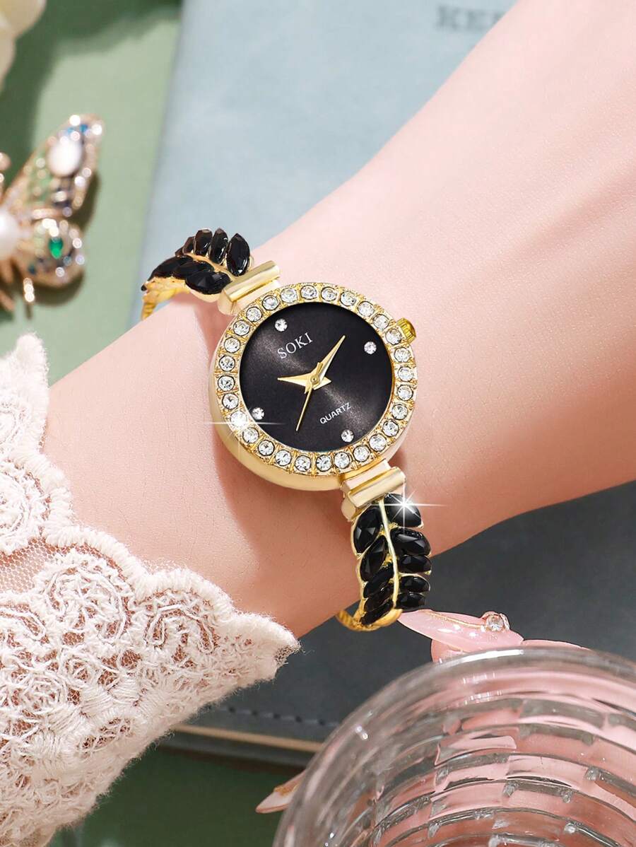 6pcs/Set Ladies Watch Women's Green Feather Fish Tail Style Strap Casual Quartz Watch With Gorgeous Full Rhinestone Dial And Heart Necklace Earings Rings Bracelet Shaped Full Rhinestone Love Jewelry Set Suitable For Daily Wear, Back-To-School Season, Grad