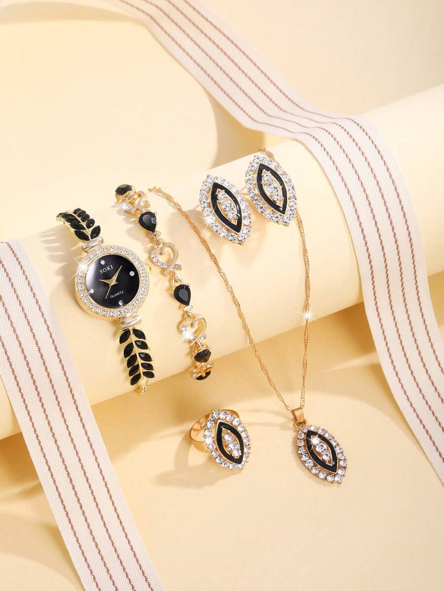 6pcs/Set Ladies Watch Women's Green Feather Fish Tail Style Strap Casual Quartz Watch With Gorgeous Full Rhinestone Dial And Heart Necklace Earings Rings Bracelet Shaped Full Rhinestone Love Jewelry Set Suitable For Daily Wear, Back-To-School Season, Grad