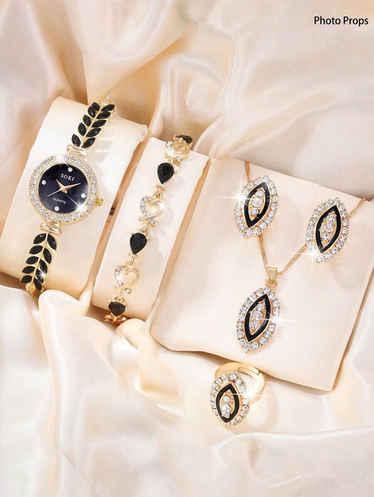6pcs/Set Ladies Watch Women's Green Feather Fish Tail Style Strap Casual Quartz Watch With Gorgeous Full Rhinestone Dial And Heart Necklace Earings Rings Bracelet Shaped Full Rhinestone Love Jewelry Set Suitable For Daily Wear, Back-To-School Season, Grad