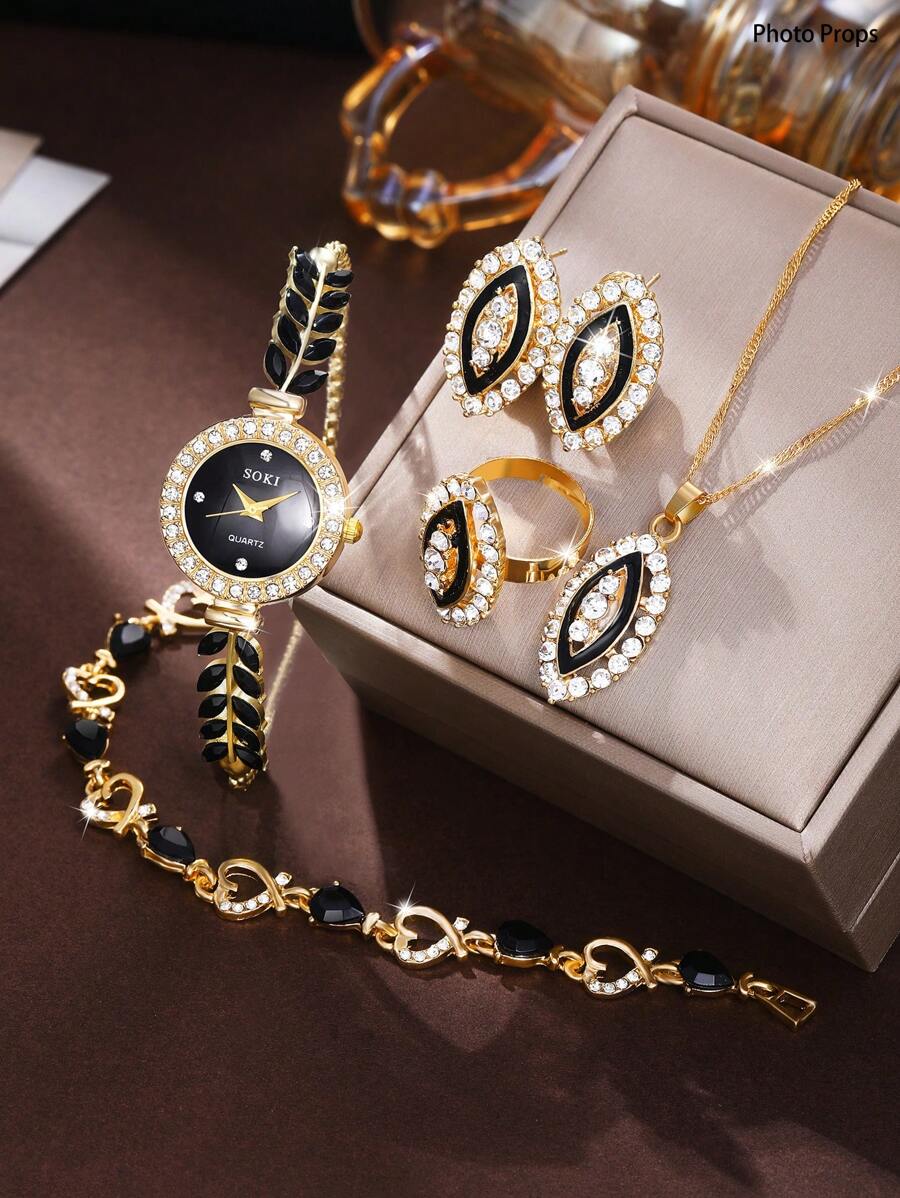 6pcs/Set Ladies Watch Women's Green Feather Fish Tail Style Strap Casual Quartz Watch With Gorgeous Full Rhinestone Dial And Heart Necklace Earings Rings Bracelet Shaped Full Rhinestone Love Jewelry Set Suitable For Daily Wear, Back-To-School Season, Grad