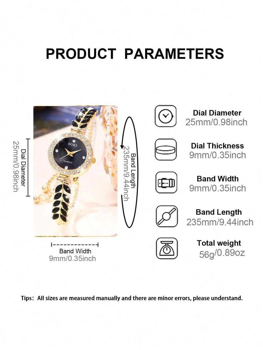 6pcs/Set Ladies Watch Women's Green Feather Fish Tail Style Strap Casual Quartz Watch With Gorgeous Full Rhinestone Dial And Heart Necklace Earings Rings Bracelet Shaped Full Rhinestone Love Jewelry Set Suitable For Daily Wear, Back-To-School Season, Grad