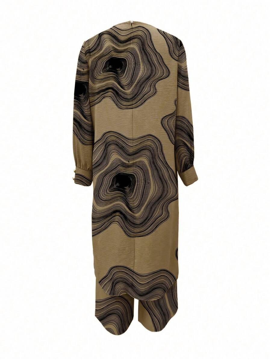 Women Button-Decorated Solid Color Long Sleeve Top & Pants Set, Arabic Style Clothing, Modest