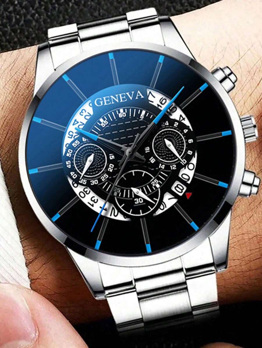 A Men's Stylish Round Quartz Watch, Fashionable And Personalized Design, With Calendar Display, Pointer Type, Stainless Steel Strap, Electronic Movement, Suitable For Valentine's Day, Birthday, Perfect Gift