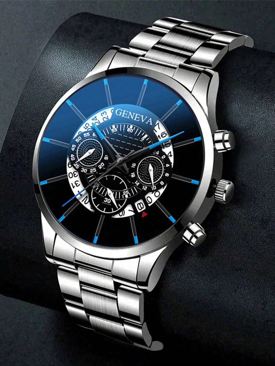 A Men's Stylish Round Quartz Watch, Fashionable And Personalized Design, With Calendar Display, Pointer Type, Stainless Steel Strap, Electronic Movement, Suitable For Valentine's Day, Birthday, Perfect Gift