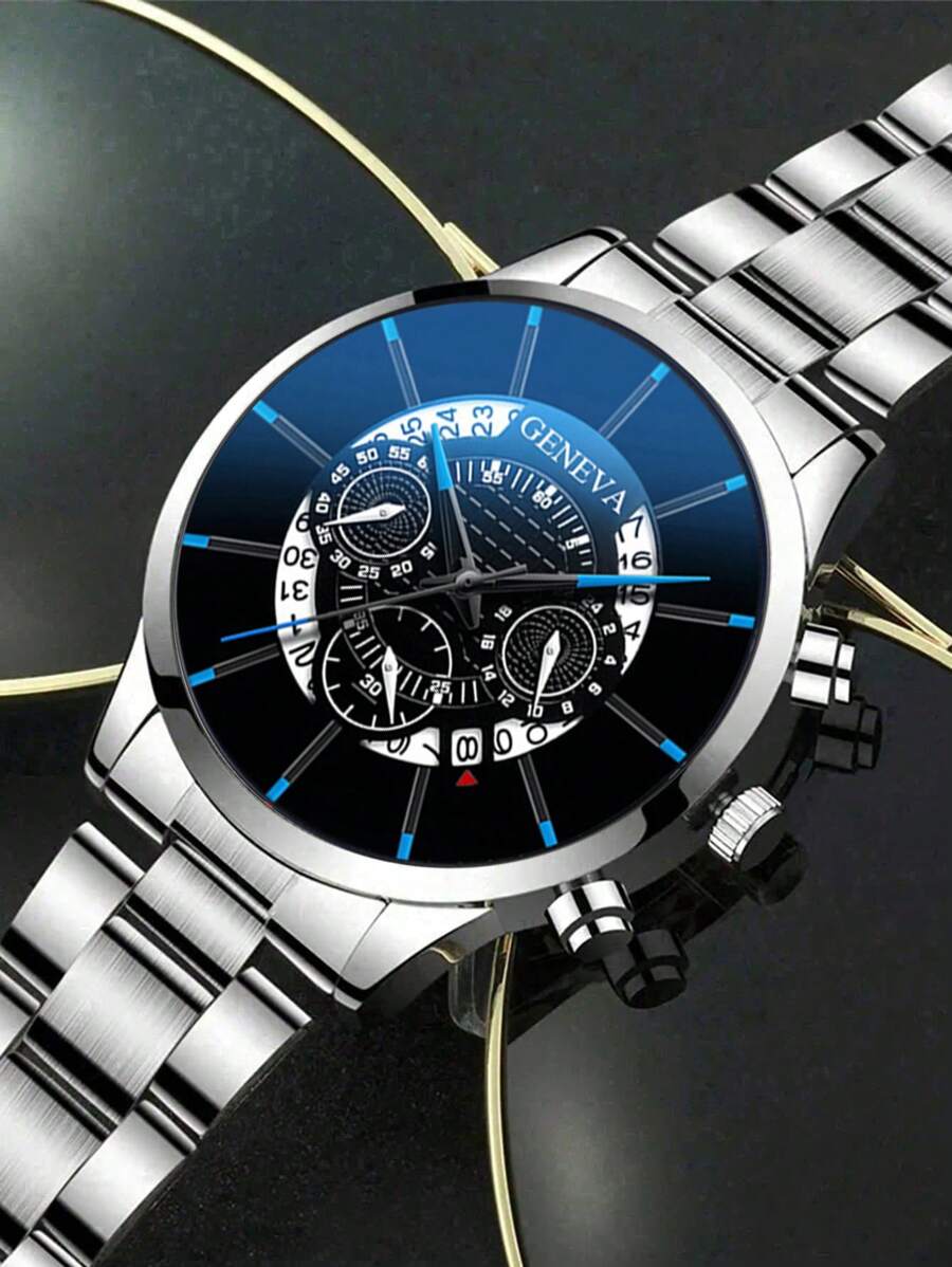 A Men's Stylish Round Quartz Watch, Fashionable And Personalized Design, With Calendar Display, Pointer Type, Stainless Steel Strap, Electronic Movement, Suitable For Valentine's Day, Birthday, Perfect Gift