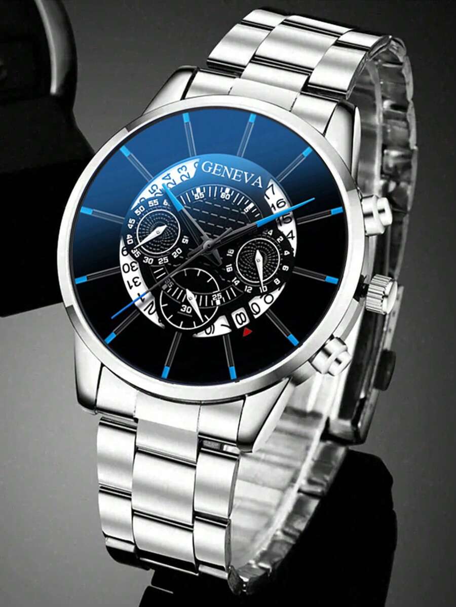 A Men's Stylish Round Quartz Watch, Fashionable And Personalized Design, With Calendar Display, Pointer Type, Stainless Steel Strap, Electronic Movement, Suitable For Valentine's Day, Birthday, Perfect Gift