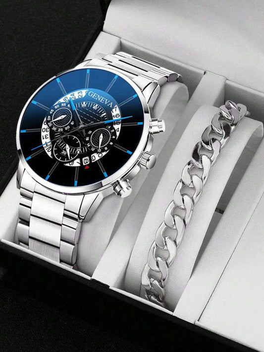 A Men's Stylish Round Quartz Watch, Fashionable And Personalized Design, With Calendar Display, Pointer Type, Stainless Steel Strap, Electronic Movement, Suitable For Valentine's Day, Birthday, Perfect Gift